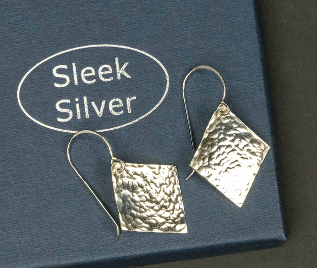 Silver Diamond Planished Drop Earrings